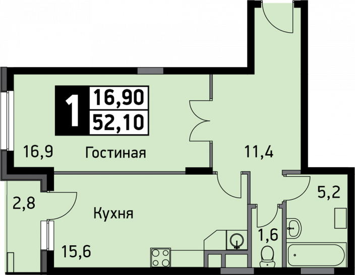 Однокомнатная квартира 52.1 м²